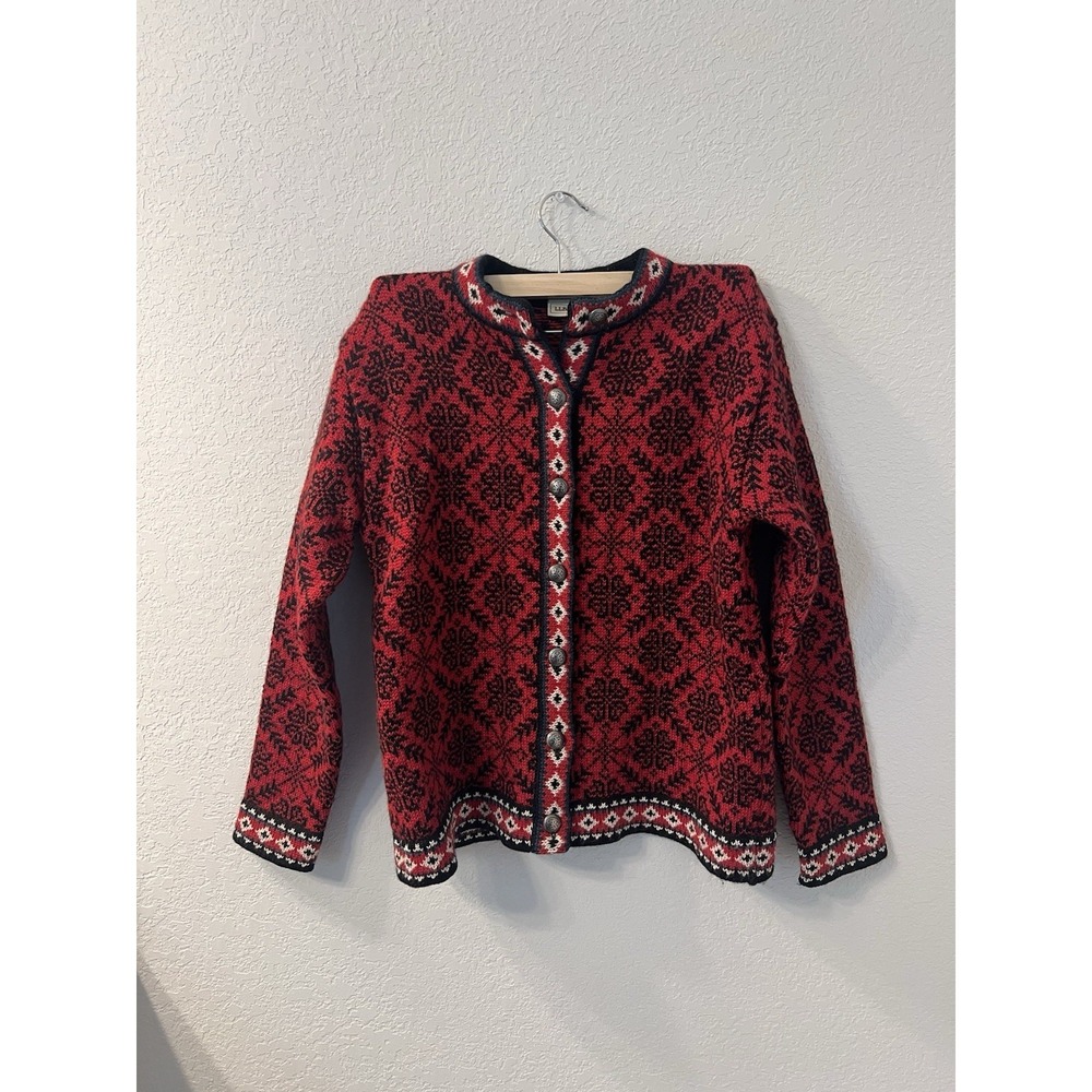 LL Bean Sweater Womens‎ Small Fair Isle Button Cardigan Nordic Snowflake Red